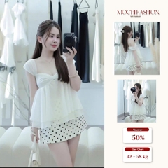 Set áo trễ vai tiểu thư phối chân váy chấm bi, set babydoll mùa hè siêu xinh