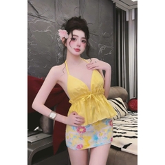 Set đồ bơi áo yếm 2 dây phối chân váy hoa đi biển xinh xắn hot trend hè 2026