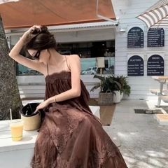 Đầm maxi phối ren 2 dây nhiều tầng, váy maxi đi biển dáng dài phong cách tiểu thư sang chảnh