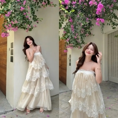 Đầm maxi phối ren 2 dây nhiều tầng, váy maxi đi biển dáng dài phong cách tiểu thư sang chảnh
