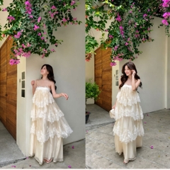 Đầm maxi phối ren 2 dây nhiều tầng, váy maxi đi biển dáng dài phong cách tiểu thư sang chảnh