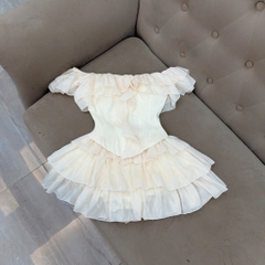 Váy trễ vai xếp tầng bèo nhún, đầm trễ vai dáng ngắn xoè tầng tiểu thư Hàn Quốc Hum Fashion