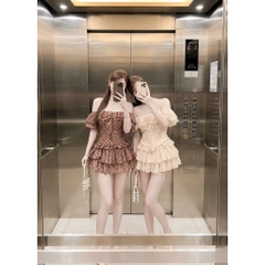 Váy trễ vai xếp tầng bèo nhún, đầm trễ vai dáng ngắn xoè tầng tiểu thư Hàn Quốc Hum Fashion