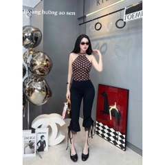 Set áo yếm chấm bi quần lửng, set bộ áo cổ yếm ôm body kèm quần lửng ống loe Hum Fashion