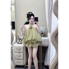 Váy Yếm Nữ Phối Hoa Ngực Chất Tơ Ánh Kim Cao Cấp, Đầm Dự Tiệc Sang Chảnh Có Mút Ngực Tôn Dáng