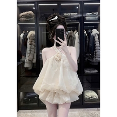 Váy Yếm Nữ Phối Hoa Ngực Chất Tơ Ánh Kim Cao Cấp, Đầm Dự Tiệc Sang Chảnh Có Mút Ngực Tôn Dáng