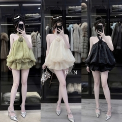 Set yếm bí ngô đính hoa hồng, set bộ cổ yếm dáng váy bí bồng bềnh tiểu thư sang chảnh Hum Fashion