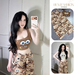 Set áo lệch vai in bọt biển kèm quần dài, set đồ mặc nhà dễ thương cute in hình xinh xắn Hum Fashion