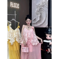 Set áo 2 dây kèm váy dài,  set đồ hai dây hở lưng dáng váy bí bồng bềnh tiểu thư Hum Fashion