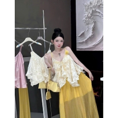 Set áo 2 dây kèm váy dài,  set đồ hai dây hở lưng dáng váy bí bồng bềnh tiểu thư Hum Fashion