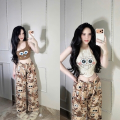 Set áo lệch vai in bọt biển kèm quần dài, set đồ mặc nhà dễ thương cute in hình xinh xắn Hum Fashion