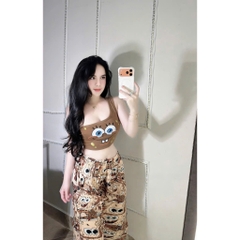 Set áo lệch vai in bọt biển kèm quần dài, set đồ mặc nhà dễ thương cute in hình xinh xắn Hum Fashion