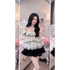 Set áo trễ vai kèm chân váy, set bộ áo trễ vai bèo nhún kèm chân váy ngắn tiểu thư Hum Fashion
