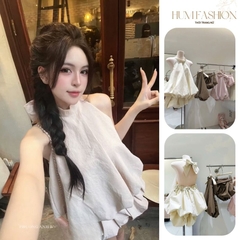 Set áo yếm buộc nơ kèm chân váy bí, set bộ áo cổ yếm hở lưng kèm chân váy ngắn dáng bí tiểu thư Hum Fashion