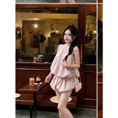 Set áo yếm buộc nơ kèm chân váy bí, set bộ áo cổ yếm hở lưng kèm chân váy ngắn dáng bí tiểu thư Hum Fashion