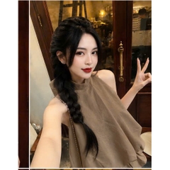 Set áo yếm buộc nơ kèm chân váy bí, set bộ áo cổ yếm hở lưng kèm chân váy ngắn dáng bí tiểu thư Hum Fashion