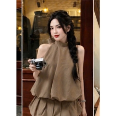 Set áo yếm buộc nơ kèm chân váy bí, set bộ áo cổ yếm hở lưng kèm chân váy ngắn dáng bí tiểu thư Hum Fashion