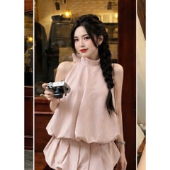 Set áo yếm buộc nơ kèm chân váy bí, set bộ áo cổ yếm hở lưng kèm chân váy ngắn dáng bí tiểu thư Hum Fashion