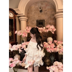 Áo ren trễ vai tay dài xếp tầng, áo kiểu ren trễ vai nhún bèo tầng bồng bềnh tiểu thư Hum Fashion