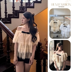 Áo ren trễ vai kèm nơ, áo kiểu ren tầng trễ vai bèo tiểu thư Hum Fashion