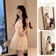Set áo lụa sát nách kèm chân váy ren, set áo kiểu kèm chân váy ngắn xếp ly xòe bồng tiểu thư Hum Fashion