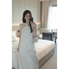 Set áo xoắn ngực kèm quần dài, set bộ áo cộc tay xoắn ngực cạp cao ống suông Hum Fashion