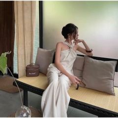 Set áo xoắn ngực kèm quần dài, set bộ áo cộc tay xoắn ngực cạp cao ống suông Hum Fashion