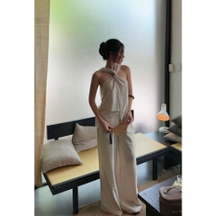 Set áo xoắn ngực kèm quần dài, set bộ áo cộc tay xoắn ngực cạp cao ống suông Hum Fashion
