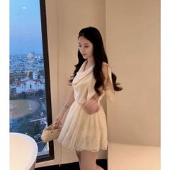 Set áo lụa sát nách kèm chân váy ren, set áo kiểu kèm chân váy ngắn xếp ly xòe bồng tiểu thư Hum Fashion
