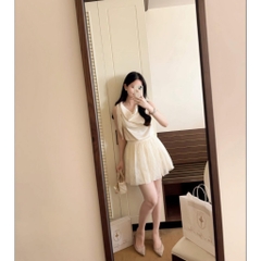 Set áo lụa sát nách kèm chân váy ren, set áo kiểu kèm chân váy ngắn xếp ly xòe bồng tiểu thư Hum Fashion