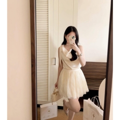 Set áo lụa sát nách kèm chân váy ren, set áo kiểu kèm chân váy ngắn xếp ly xòe bồng tiểu thư Hum Fashion