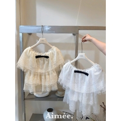 Áo ren trễ vai kèm nơ, áo kiểu ren tầng trễ vai bèo tiểu thư Hum Fashion