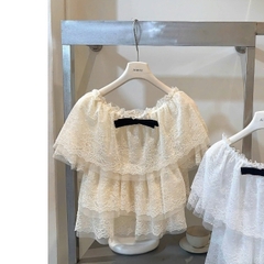 Áo ren trễ vai kèm nơ, áo kiểu ren tầng trễ vai bèo tiểu thư Hum Fashion