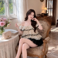 Set áo babydoll bèo tùng nữ tính phối chân váy bồng xoè tiểu thư xinh xắn