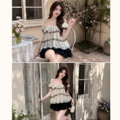 Set áo babydoll bèo tùng nữ tính phối chân váy bồng xoè tiểu thư xinh xắn