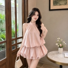 Set váy cổ yếm bèo tầng phối chân váy bí tiểu thư, váy đi chơi siêu xinh tôn dáng