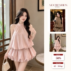 Set váy cổ yếm bèo tầng phối chân váy bí tiểu thư, váy đi chơi siêu xinh tôn dáng
