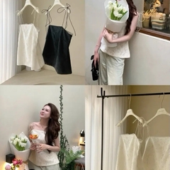 Áo 2 dây hoạ tiết ren nổi buộc nơ vai hai lớp tiểu thư, áo nữ nàng thơ mặc đi chơi dạo phố