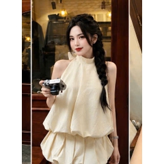 Set váy cổ yếm bèo tầng phối chân váy bí tiểu thư, váy đi chơi siêu xinh tôn dáng