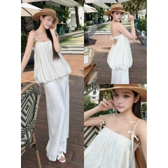 Set bộ nữ áo 2 dâi phối quần suông dài chất Linen cao cấp, bộ nữ mùa hè nàng thơ xinh xắn
