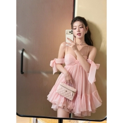 Váy babydoll 2 dây nơ ngực, đầm hai dây dáng babydoll hở lưng xòe bồng công chúa Hum Fashion