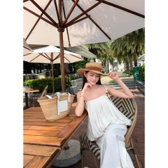 Set áo 2 dây dáng bí kèm quần dài, set bộ áo hai dây hở nơ lưng bồng bềnh phối quần suông Hum Fashion