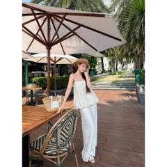 Set áo 2 dây dáng bí kèm quần dài, set bộ áo hai dây hở nơ lưng bồng bềnh phối quần suông Hum Fashion