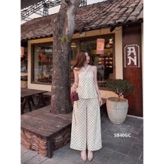 Set áo chéo cổ kèm quần dài, set áo chấm bi chéo cổ phối quần suông cạp cao Hum Fashion