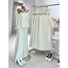 Set áo chéo cổ kèm quần dài, set áo chấm bi chéo cổ phối quần suông cạp cao Hum Fashion
