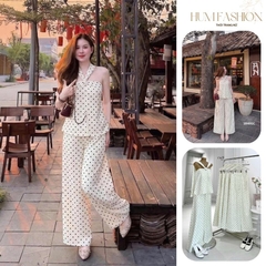 Set áo chéo cổ kèm quần dài, set áo chấm bi chéo cổ phối quần suông cạp cao Hum Fashion