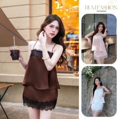 Set lụa 2 dây, set áo hai dây kèm chân váy lụa phối ren đi chơi đi du lịch Hum fashion