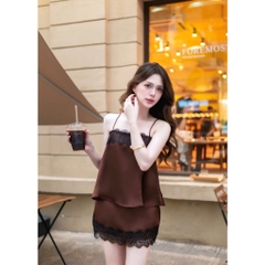 Set lụa 2 dây, set áo hai dây kèm chân váy lụa phối ren đi chơi đi du lịch Hum fashion