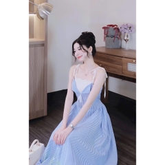Váy nữ maxi sơ mi kẻ dọc phối ren sang chảnh, đầm nữ tiểu thư xanh kẻ sọc