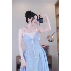 Váy nữ maxi sơ mi kẻ dọc phối ren sang chảnh, đầm nữ tiểu thư xanh kẻ sọc